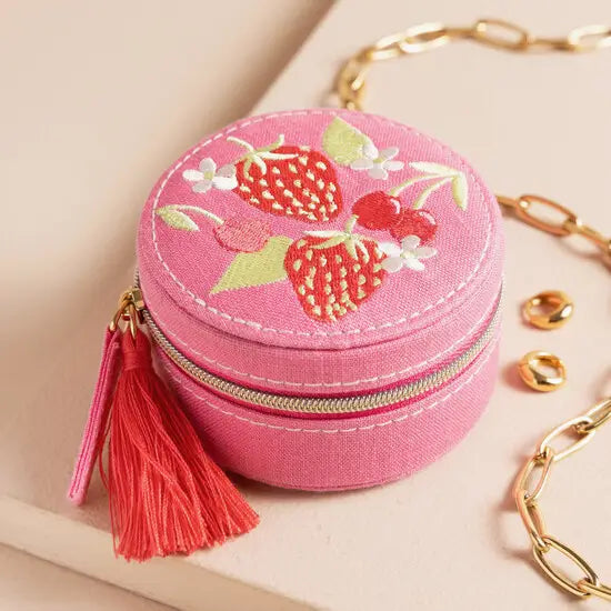 Strawberry Embroidered Round Jewelry Case