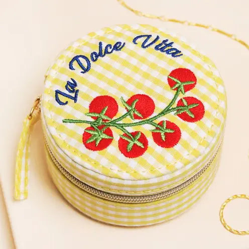 Yellow Gingham and Tomato Embroidery Round Travel Jewellery
