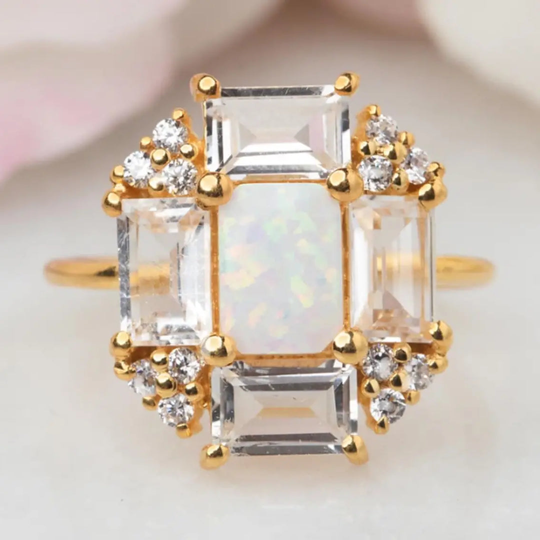 Opal & Topaz Baguette Fire Ring Gold
