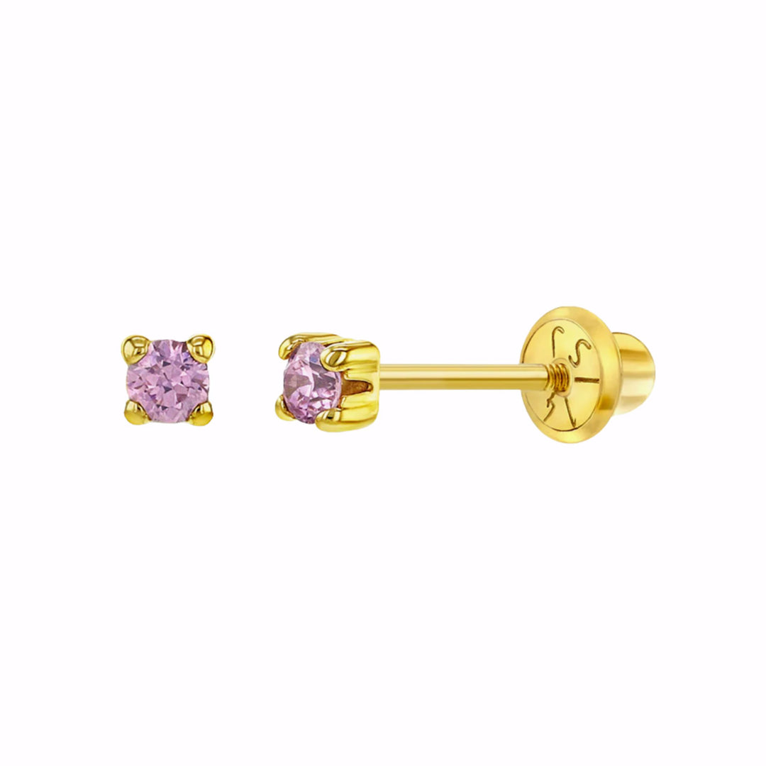 14k Solid Gold Pink CZ Solitaire Baby/Toddler Earrings