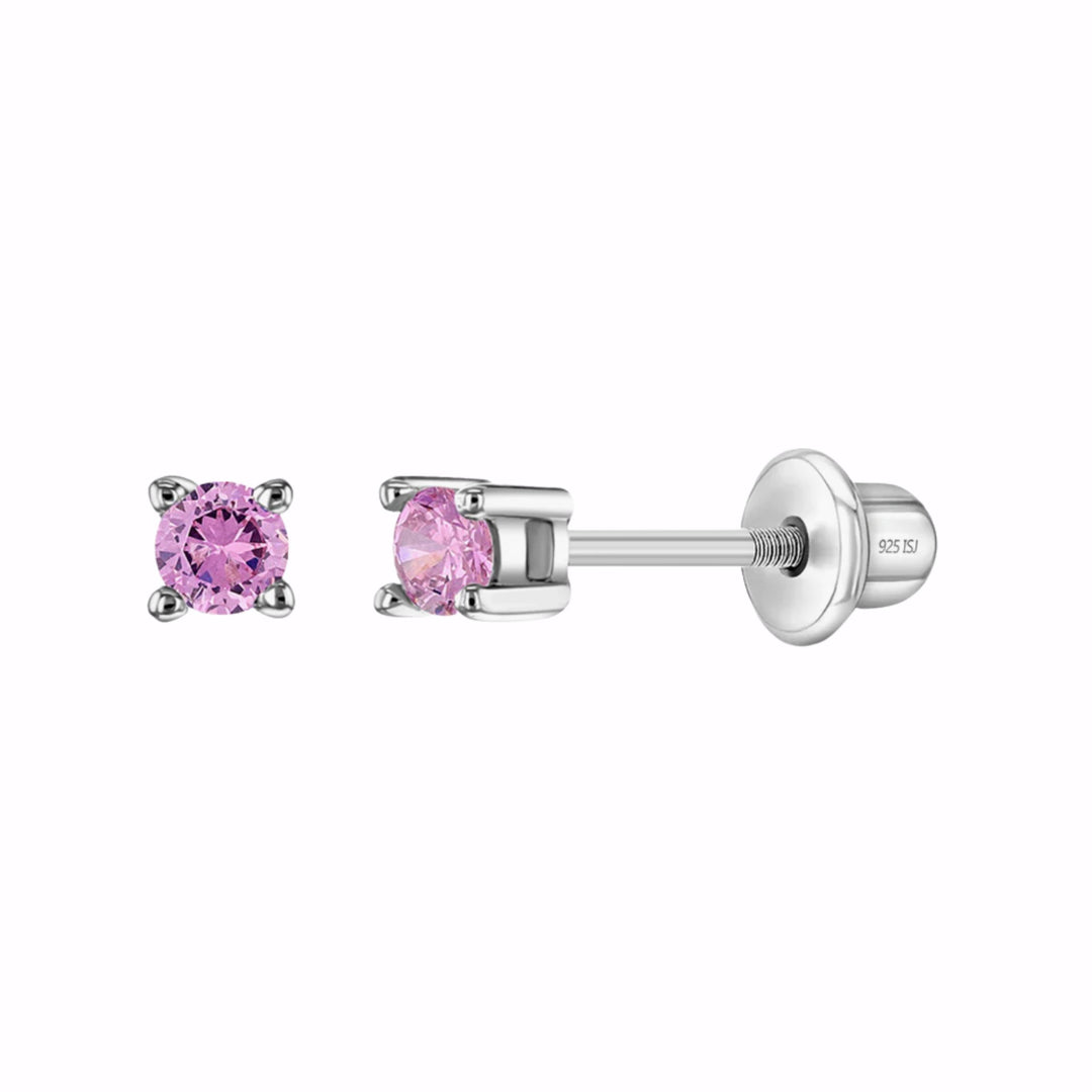 Sterling Silver Pink CZ Solitaire Baby/Toddler Earrings