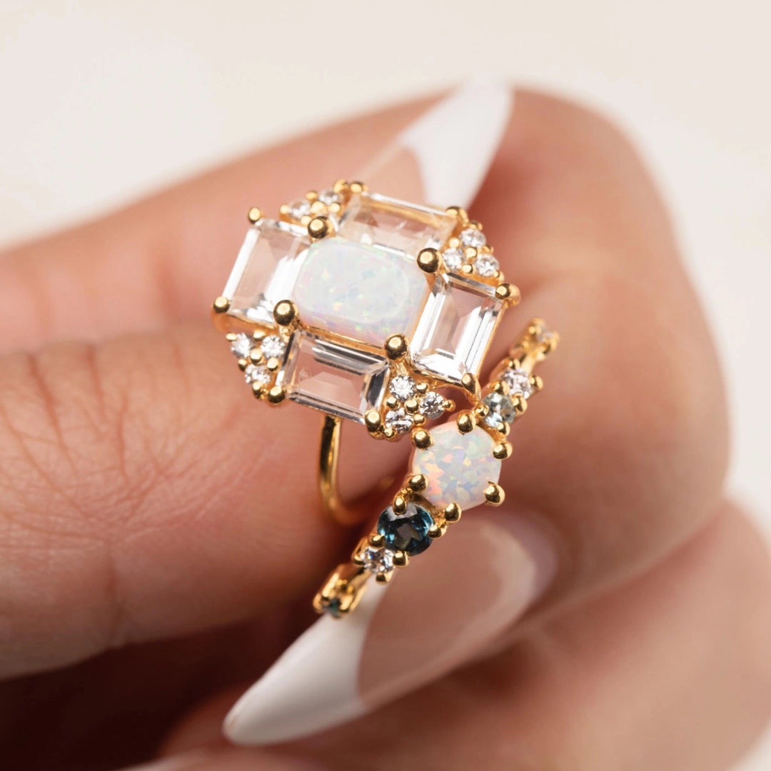 Opal & Topaz Baguette Fire Ring Gold