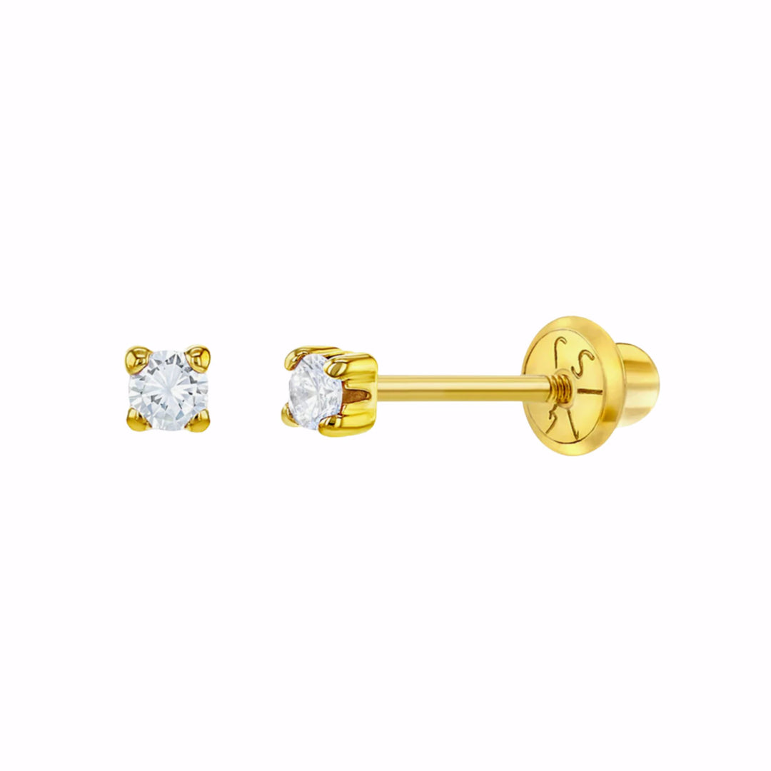 14k Solid Gold CZ Solitaire Baby/Toddler Earrings
