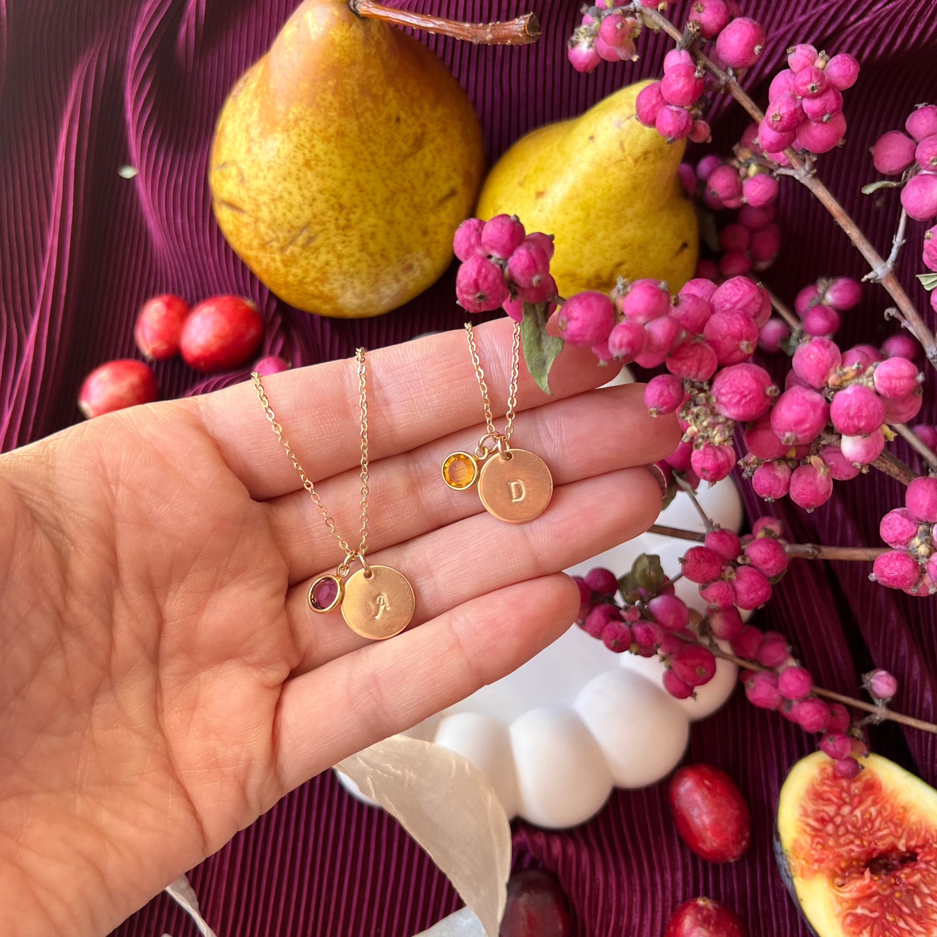 Gold initial necklace with birthstone discount