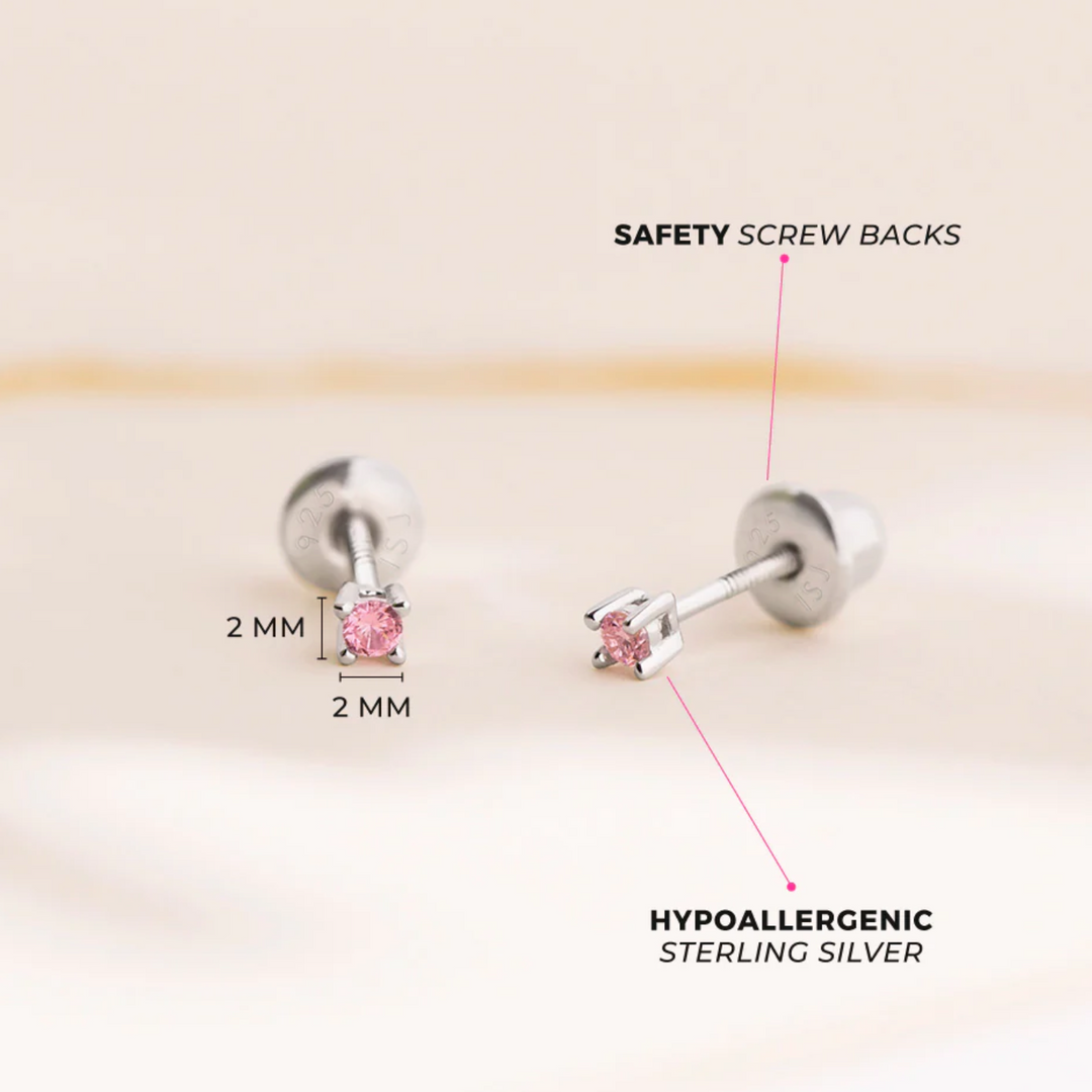 Sterling Silver Pink CZ Solitaire Baby/Toddler Earrings