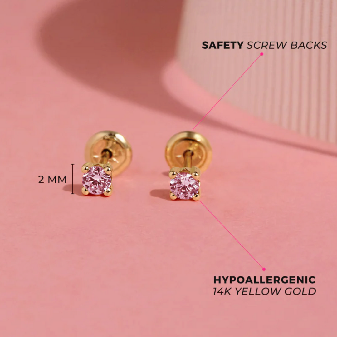 14k Solid Gold Pink CZ Solitaire Baby/Toddler Earrings