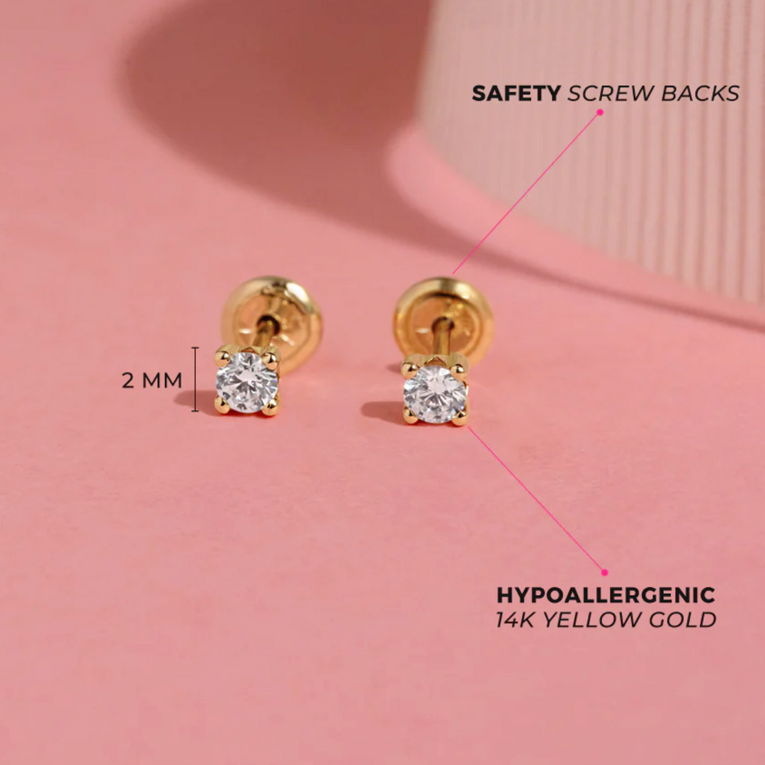 14k Solid Gold CZ Solitaire Baby/Toddler Earrings