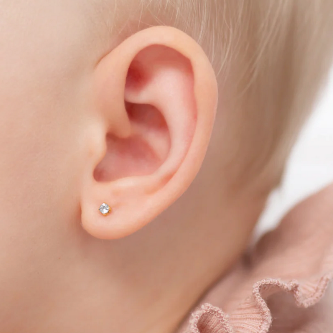 14k Solid Gold CZ Solitaire Baby/Toddler Earrings