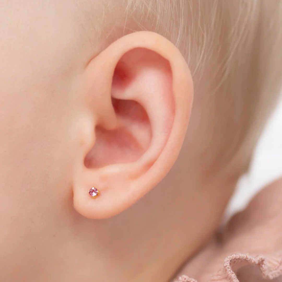 14k Solid Gold Pink CZ Solitaire Baby/Toddler Earrings