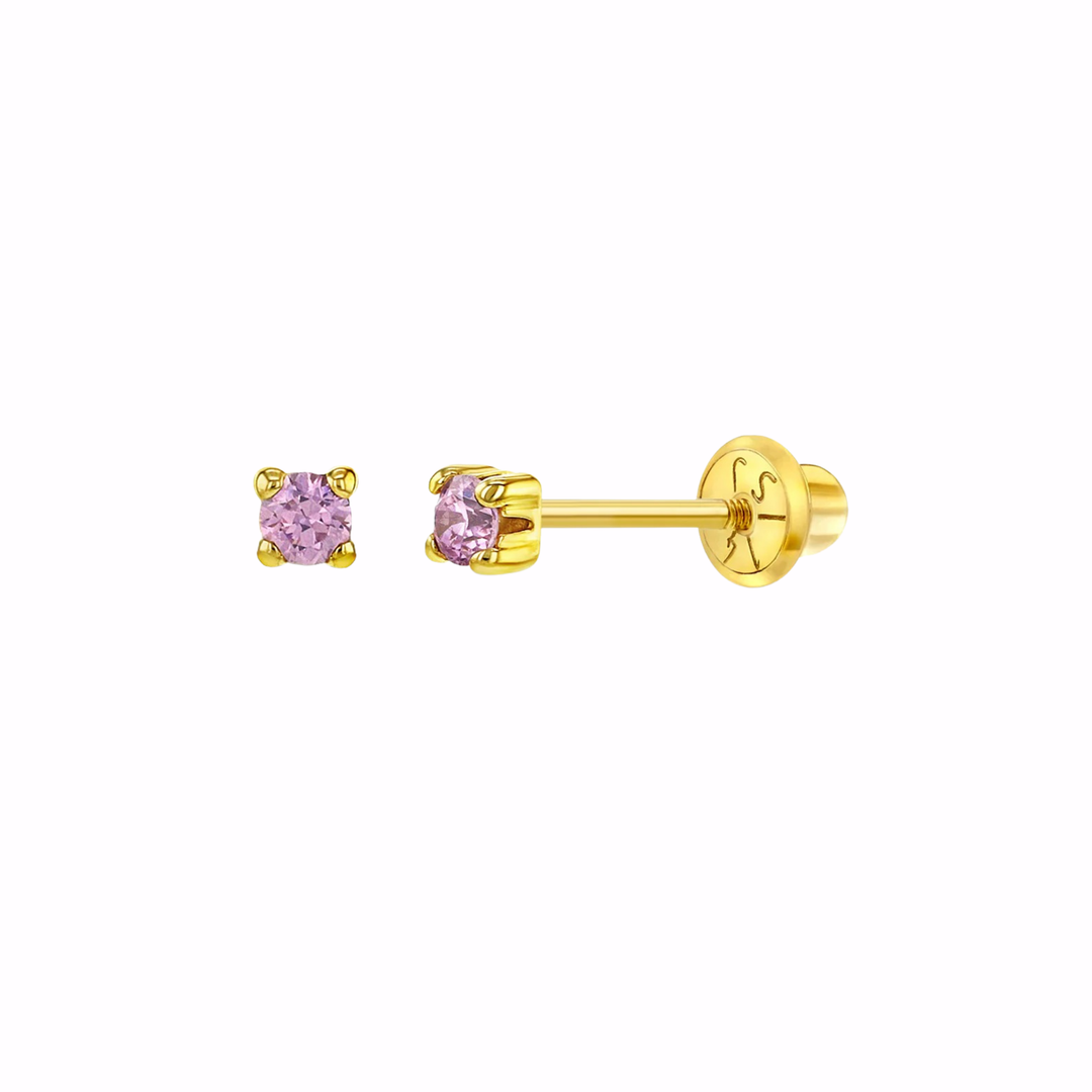 14k Solid Gold Pink CZ Solitaire Baby/Toddler Earrings