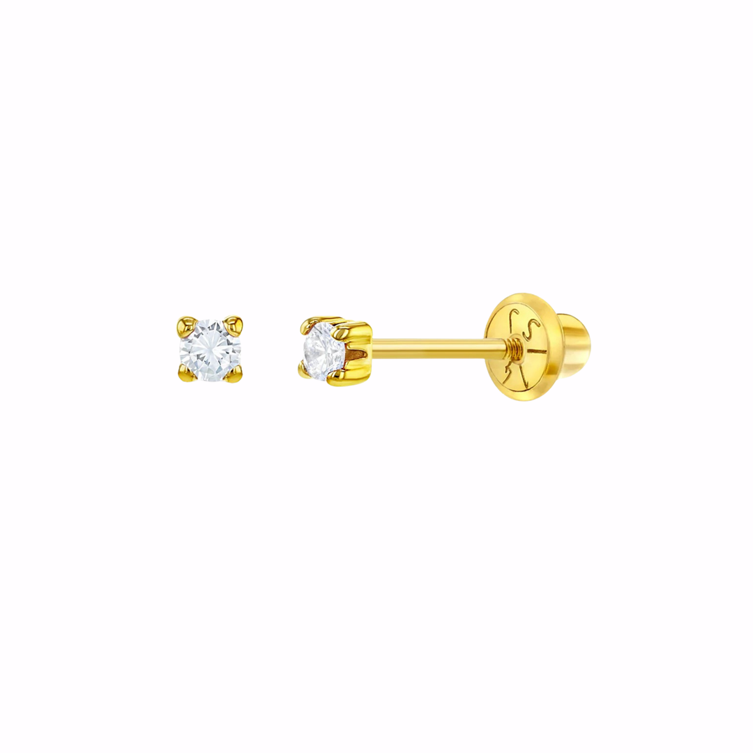 14k Solid Gold CZ Solitaire Baby/Toddler Earrings