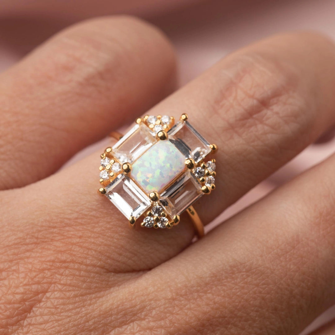 Opal & Topaz Baguette Fire Ring Gold