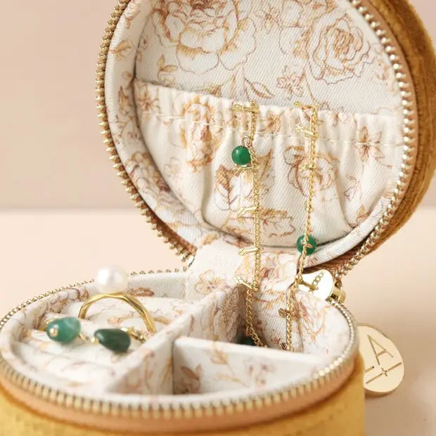 Mustard Velvet Round Jewelry Case