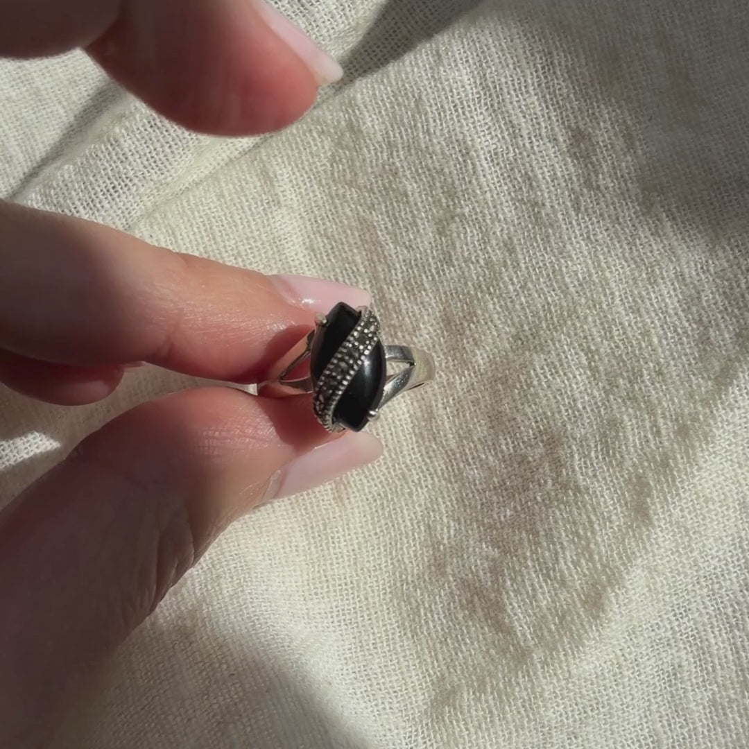 Vintage NV Black Onyx & CZ Statement Ring 925 Silver