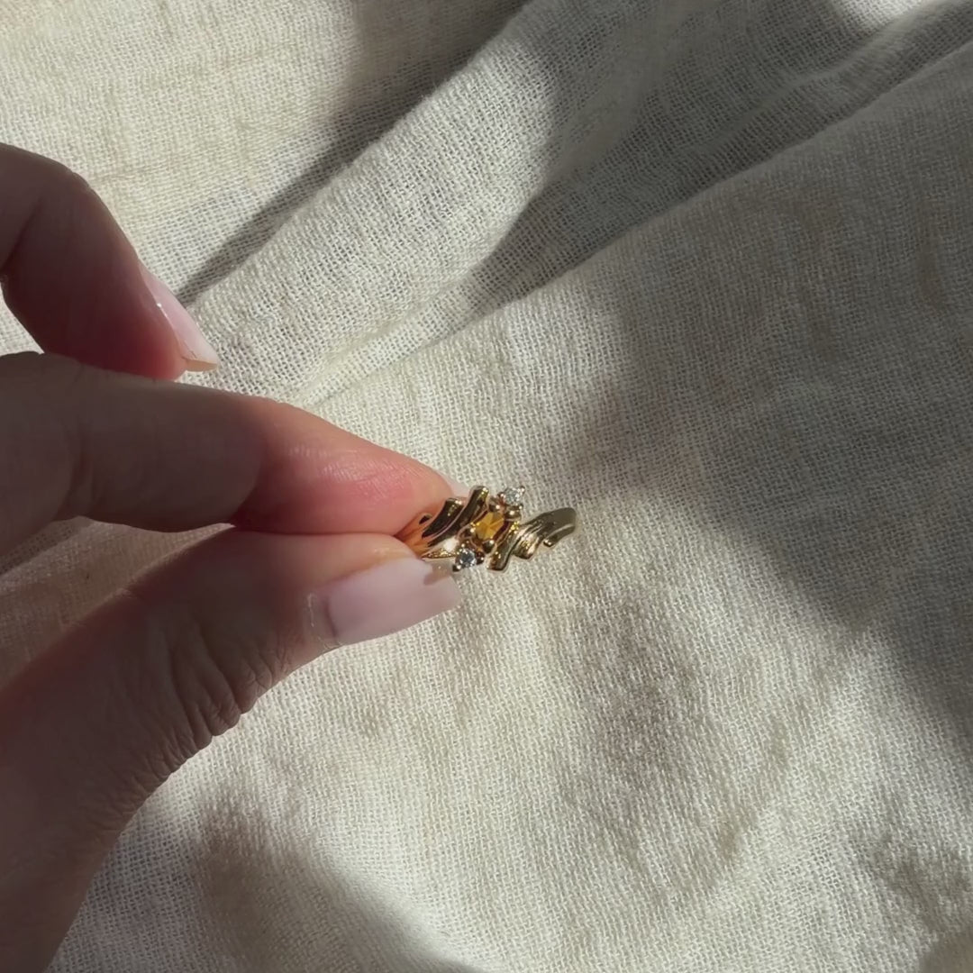 Vintage Citrine Rhinestone Scroll Ring