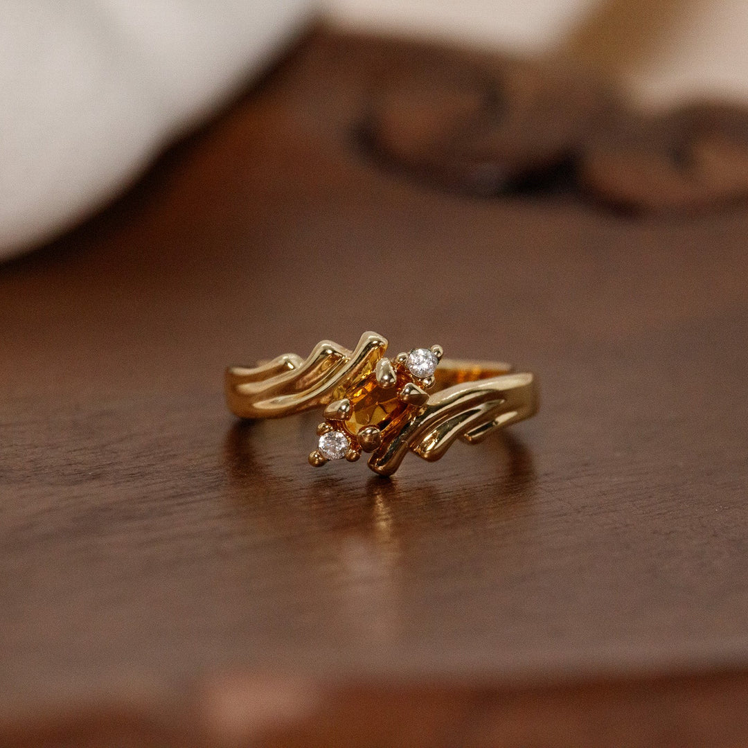 Vintage Citrine Rhinestone Scroll Ring