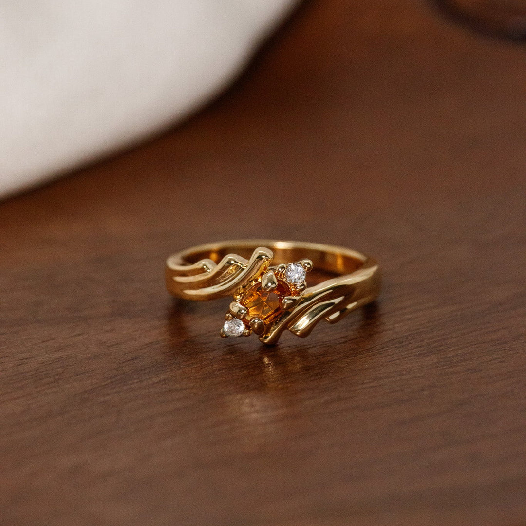 Vintage Citrine Rhinestone Scroll Ring