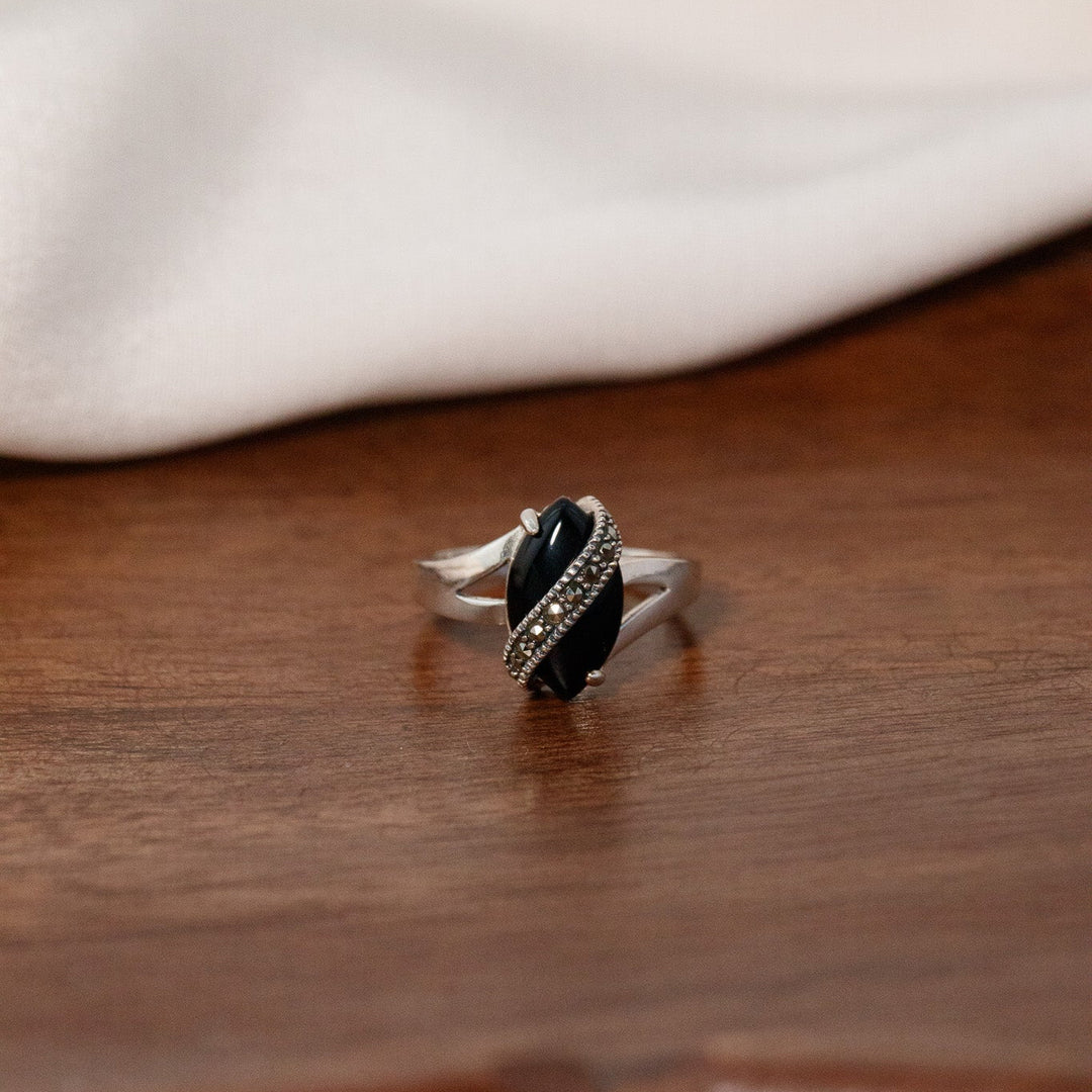 Vintage NV Black Onyx & CZ Statement Ring 925 Silver