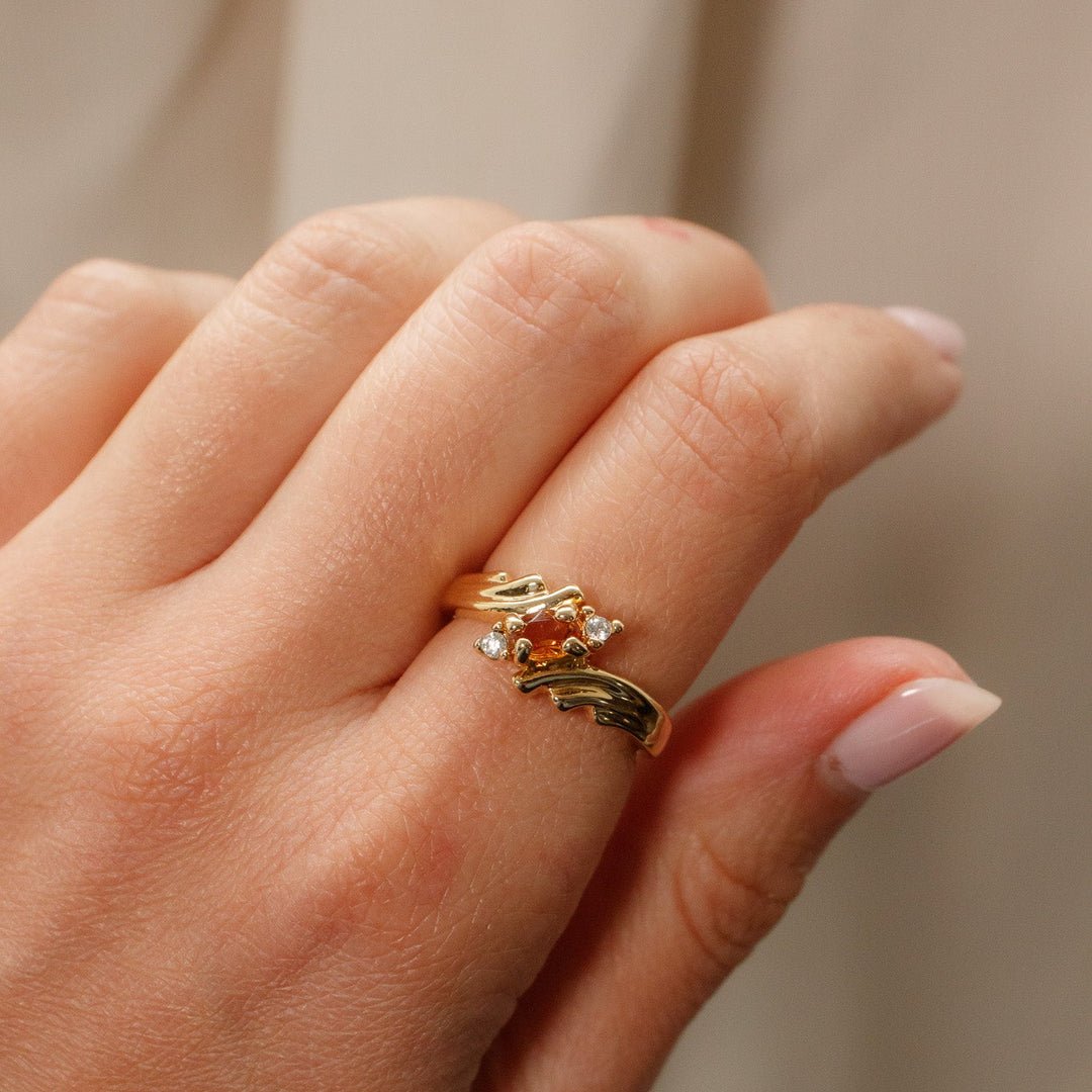 Vintage Citrine Rhinestone Scroll Ring
