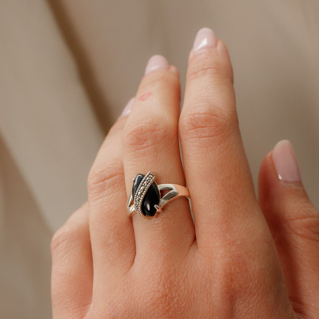 Vintage NV Black Onyx & CZ Statement Ring 925 Silver