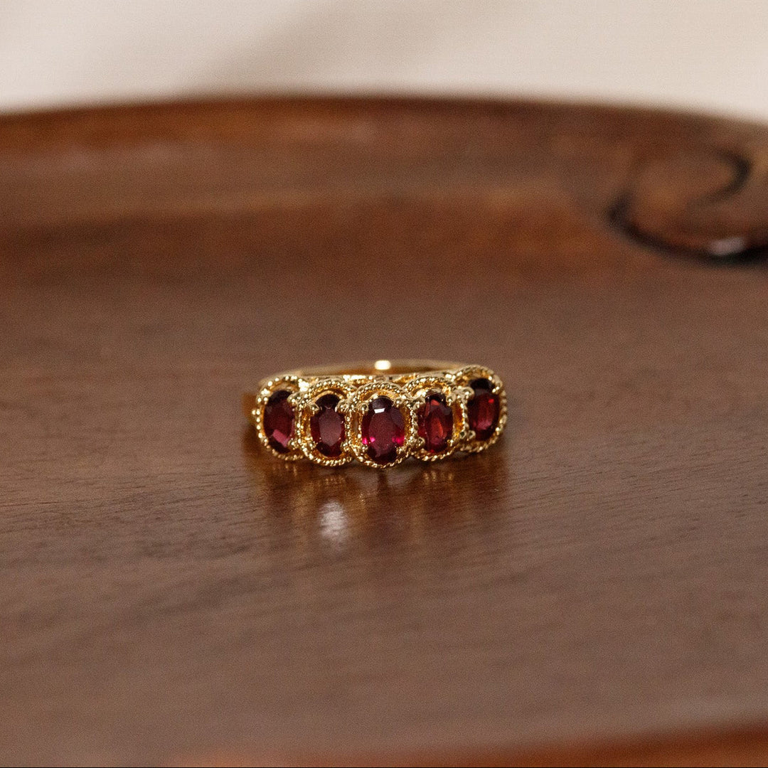 Vintage Five Stone Garnet Red Glass Ring