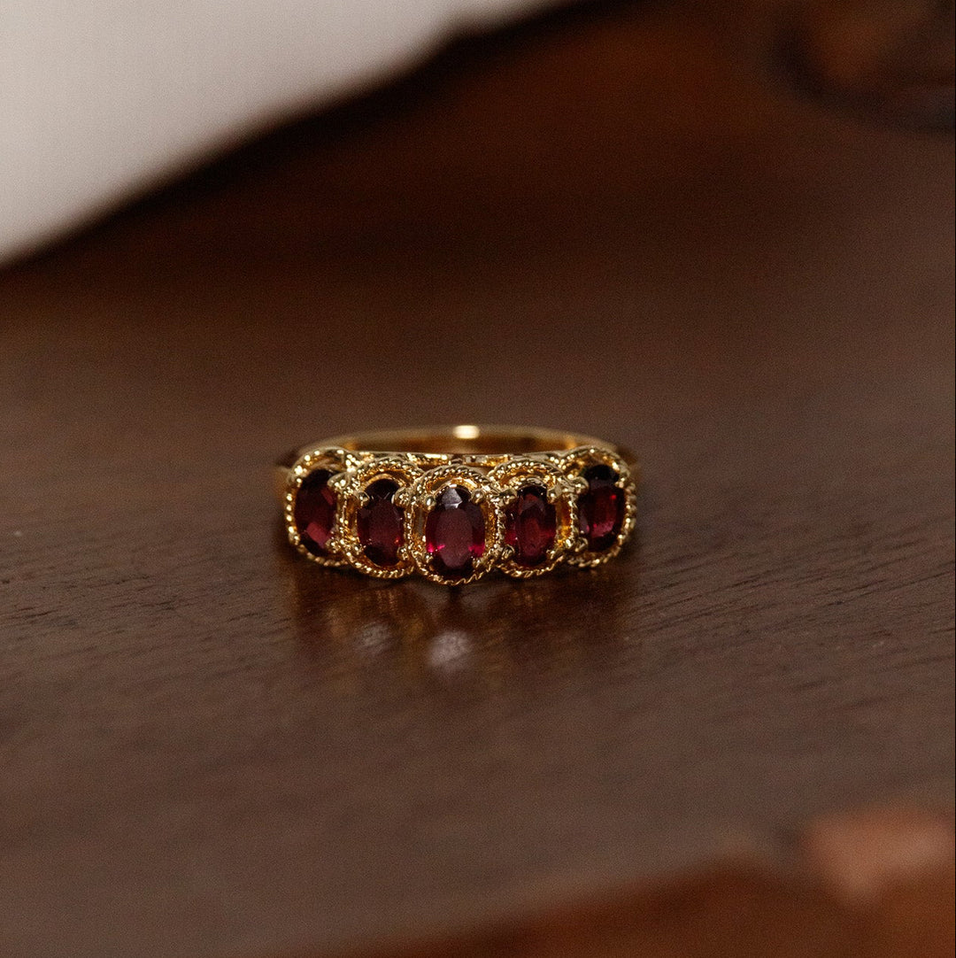 Vintage Five Stone Garnet Red Glass Ring