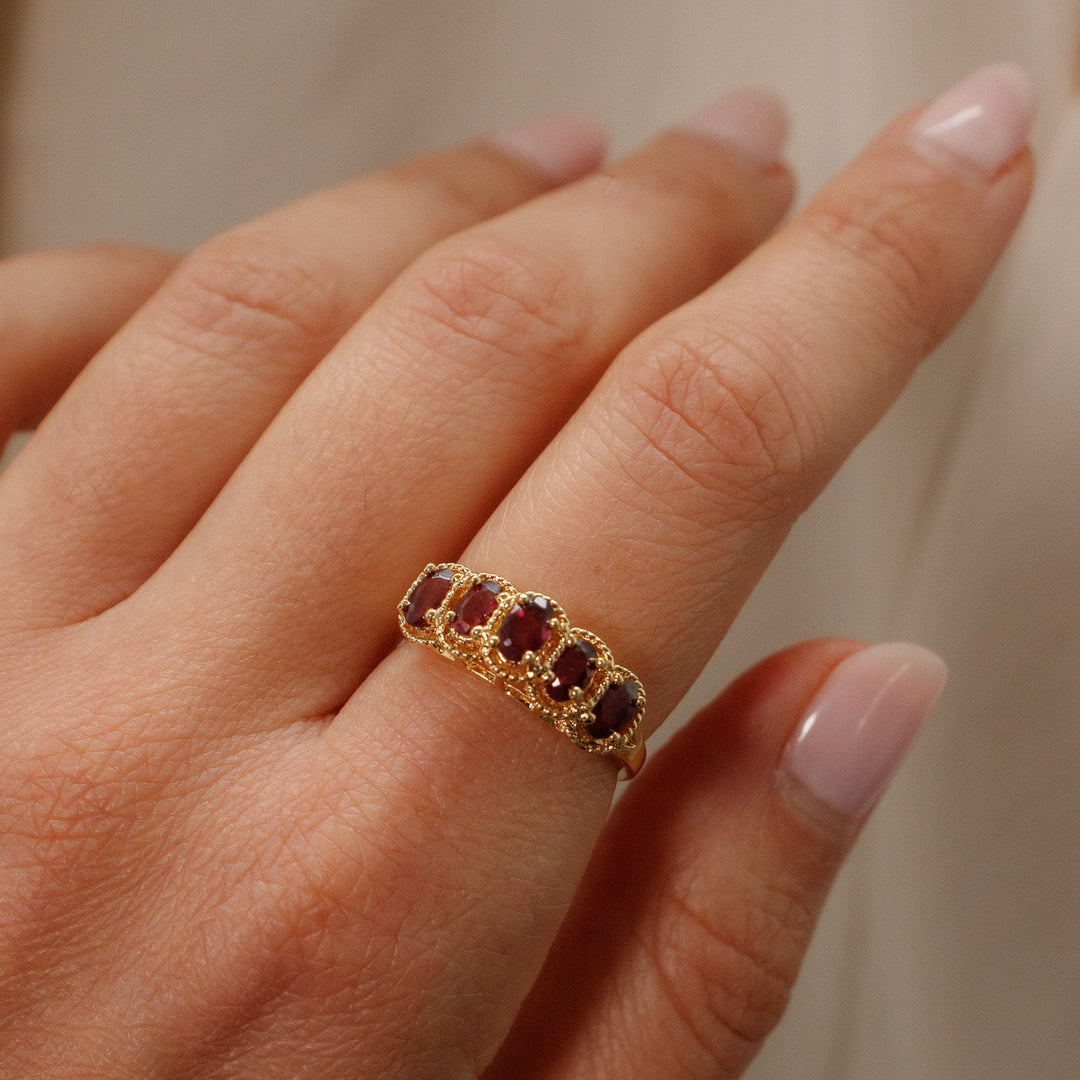 Vintage Five Stone Garnet Red Glass Ring