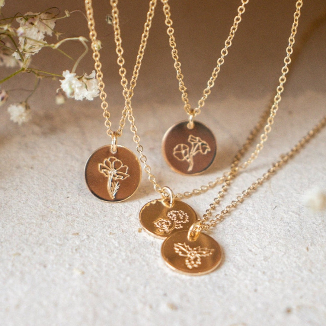 Gold Filled Birth Flower Necklace. 14k Gold filled disc Necklace
